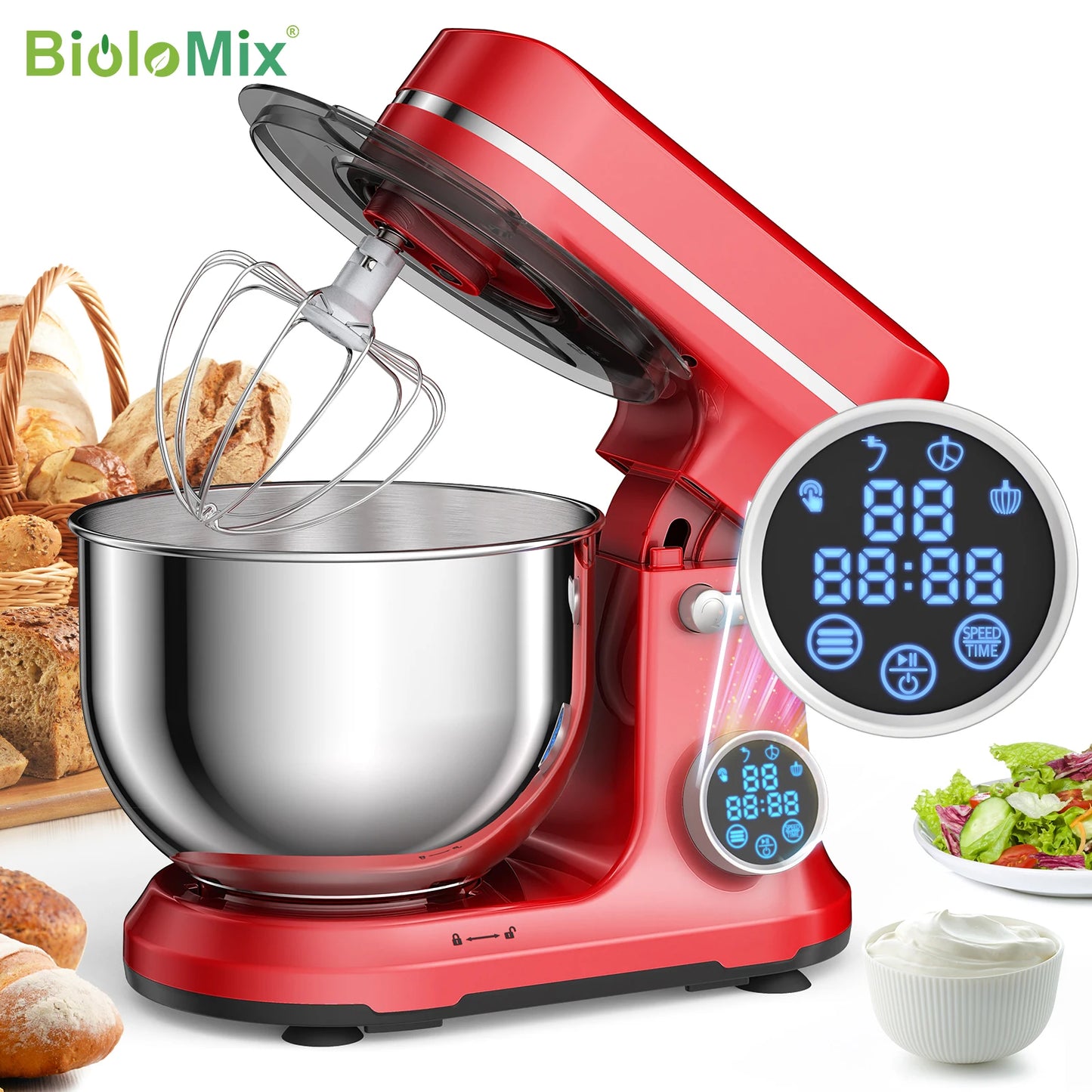 BioloMix Kitchen Food Stand Mixer, 1200W 11-Speeds DC Motor, Digital OLED Screen, Electric Food Mixer with Dough Hook, Whisk.