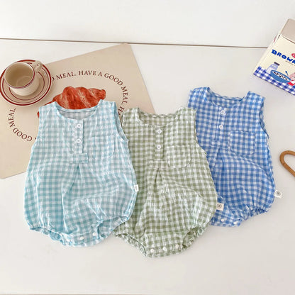2024 Sommer Baby kleidung Plaid Kleinkind Jungen Mädchen Bodysuit ärmel los einteiliges Kleinkind Outfit.