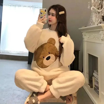 Thickened Warm Women Winter Two Pieces Set Flannel Homewear Pajamas O-Neck Loose Cute Cartoon Bear Ladies Sleepwear Loungewear.