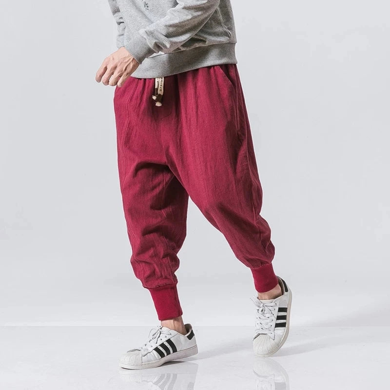 Cotton Linen Harem Pants Men Solid Elastic Waist Streetwear Joggers New Baggy Drop-crotch Pants Casual Trousers Men.