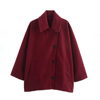 ZBZA Damen Schräge Knopf Lose Fledermausärmel Jacke Mantel Revers Langarm Doppeltasche Warm Solide Farbe Vintage Oberbekleidung Herbst Winter Neue Weibliche Chic Mantel