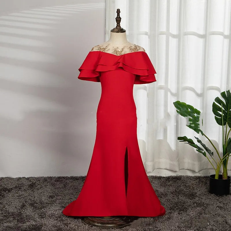 Elegantes Galakleid für Mädchen und Kinder, luxuriöse rote Meerjungfrau-Kleider für Gastgeber, Teenager-Mädchen, Klavier-Performance-Kostüm, Kinder-Vestido.