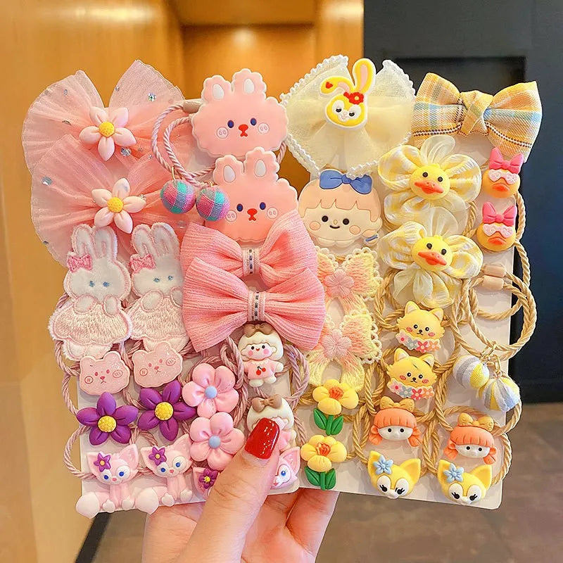 Kawaii Flower Bow Scrunchies Set Children Gift Girls Elastic Hair Rubber Bands Accessories Tie Hair Ring Rope Headdress Headwear.