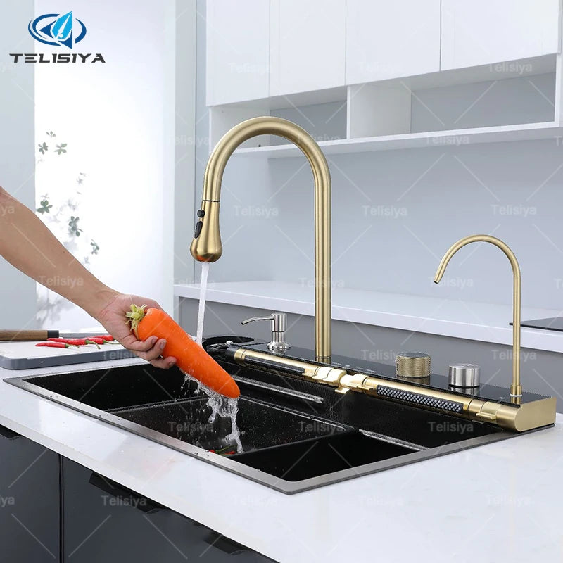 Golden Household Stainless Steel Waterfall Kitchen Sink MultiFunction Wash Vegetable and Dish Countertop Basin Large Single Slot