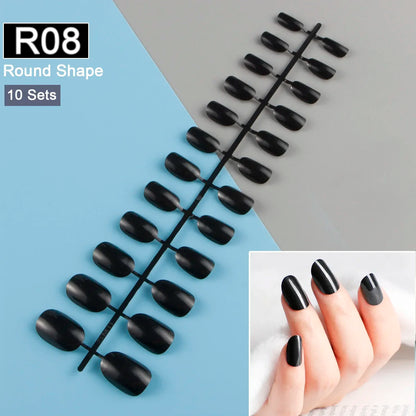 10 Sets/Pack Mixed Solid Colors Coffin Round Square Almond Shape False Nails Full Cover Nail Tips Short Fake Nails Tip Manicure.