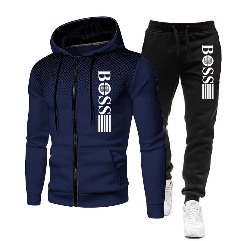 2025 New Men's zippered hoodie + Casual Pants Set for Autumn and Winter fashion Fitness and Warm sportswear Two-piece set.