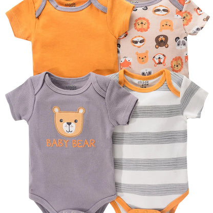 4PCS Neugeborenen Strampler Kurzarm Rundhals Cartoon Tier Blumen Drucken Body Onesies Für Baby Jungen Und Mädchen Kleidung