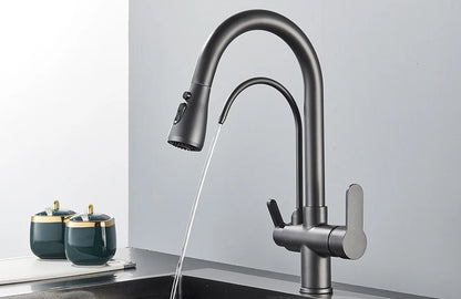 Quyanre Matte Black Filtered Crane For Kitchen Pull Out Spray 360 Rotation Water Filter Tap Three Ways Sink Mixer Kitchen Faucet