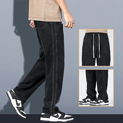 2024 Spring/Summer New Soft Lyocell Fabric Men's Jeans Thin Loose Straight Leg PantsDrawstring Elastic Waist Korean casual pants.