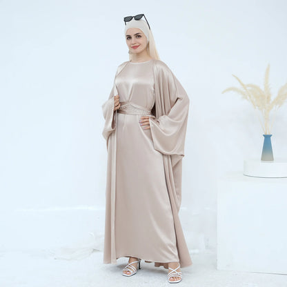 Two Piece Arabic Outfit Set for Muslim Women Elegant Modest Abaya Dress with Inner Ramadan Islamic Coat New Turkish Kaftan Robe