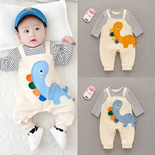 2024 herbst Baby Kleidung Neugeborenen Overall Infant Jungen Falsche 2 Stücke Streifen Patchwork Strampler Kleinkind Cartoon Dinosaurier Ein Stück.