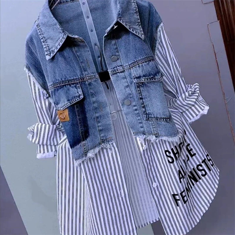 New Splicing Denim Jacket Women Spring Autumn Korean Fashion Denim Shirt Ladies Tops Casual Jean Coat Female Windbreaker.