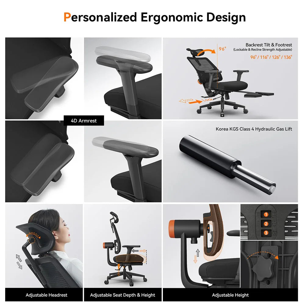 NEWTRAL MagicH-BP Ergonomischer Stuhl mit Fußstütze, automatisch ausgestellte Rückenlehne, adaptive Unterrückenstütze, verstellbare Armlehne, Kopfstütze