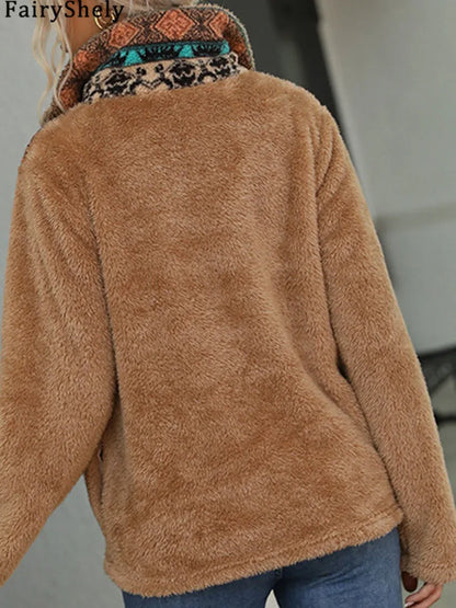 Fairyshely 2025 Winter Print Women Hoodies Casual Long Sleeve Hood Sweatshirt Loose Autumn Lady Stand Collar Plush Hoodie Tops.