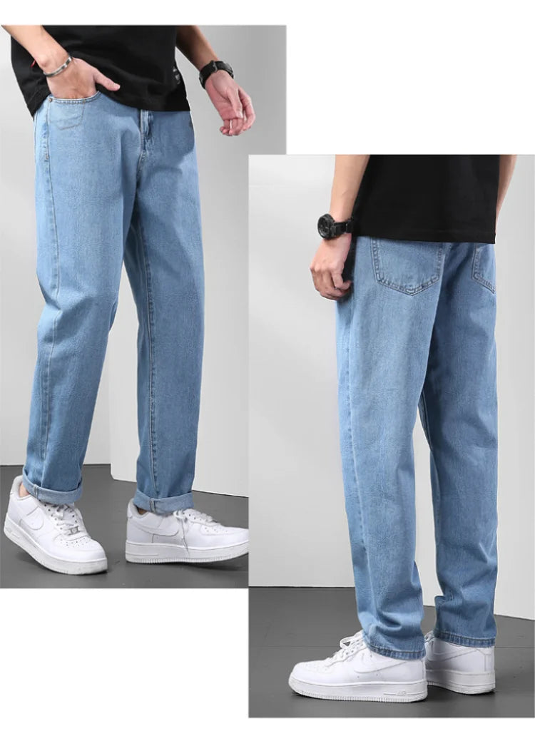 Light Blue American Retro Jeans Men Soft Loose Straight Cylinder High Street Workwear Casual Loose Legs Pants.