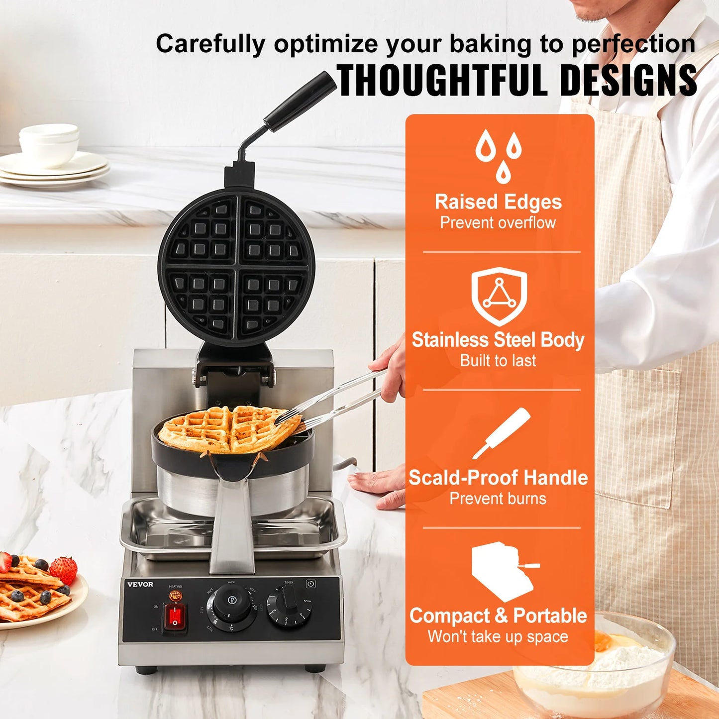 SucceBuy Electric Waffle Maker Stainless Steel Round Waffle Iron Non-Stick Waffle Baker Machine Teflon-Coated Baking Pans.