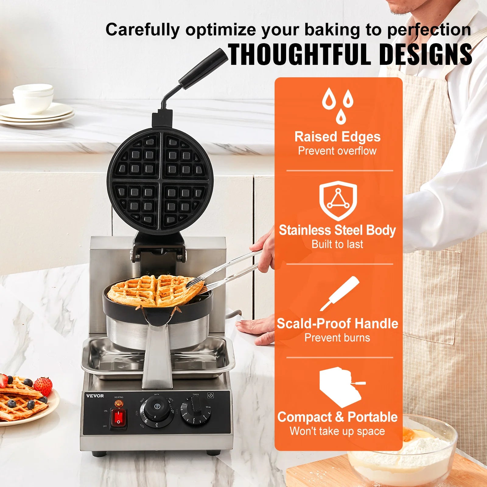 SucceBuy Electric Waffle Maker Stainless Steel Round Waffle Iron Non-Stick Waffle Baker Machine Teflon-Coated Baking Pans.