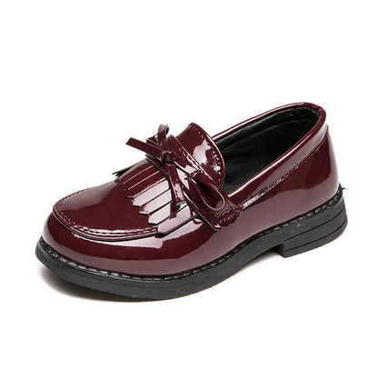 Girls Casual Leather Shoes Kids Flats Tassels with Bow-knot British Style Soft Slip-on Loafers for Wedding Party Bright Skin New.