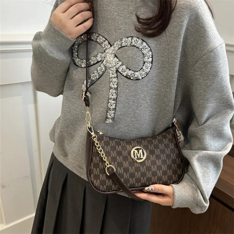 Vintage Style Handbag Crossbody Bag, Gold Letter 'M' Design Pu Leather Shoulder Messenger Bag, Synthetic Leather Tote Bag, Purse.