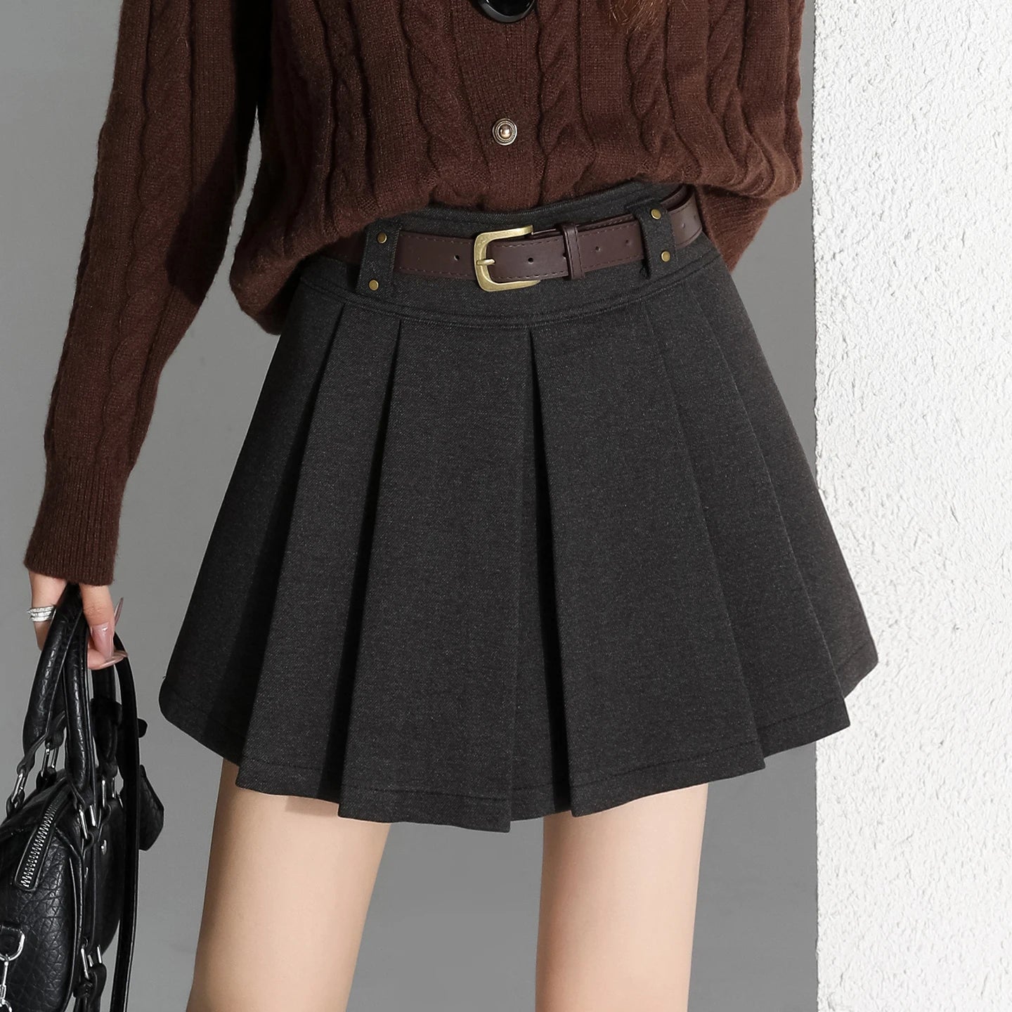 Preppy Style Coffee Woolen Skirt for Women Autumn Winter 2025 Chic High-waisted Mini Skirt Female Korean Thick Outwear Faldas.