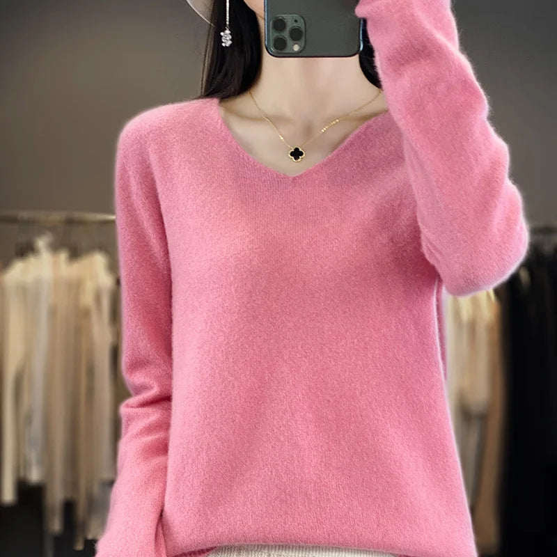Women 100% Merino Wool Sweater V-Neck Basic Pullover Autumn Winter Cashmere Clothing Long Sleeve Soft Knitwear Tops Solid Color.