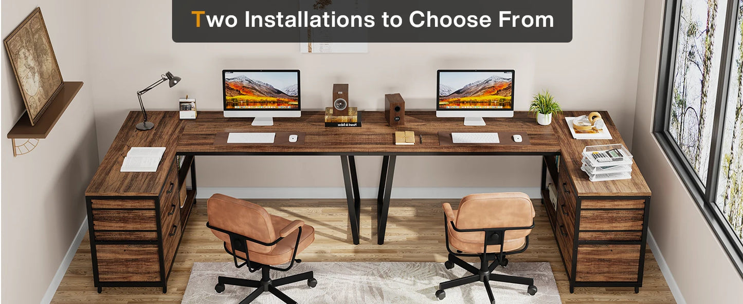 L-förmiger Computertisch mit 3 Schubladen, Home-Office-Schreibtisch mit Regalen, 53-Zoll-Industrie-PC-Schreibtisch für kleine Räume, rustikales Braun