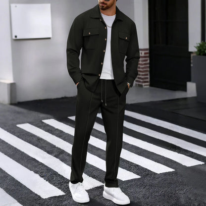 New autumn style waffle long-sleeved solid-color double-pocket buttoned cardigan shirt and pants set.