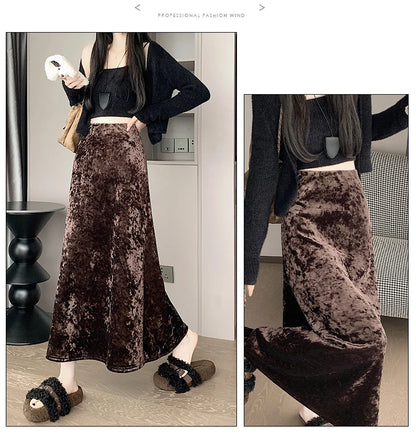 Plush Velvet Midi Skirt - 2025 New High-Waisted A-Line Mermaid Hem Skirt, Fleece-lined, Autumn Winter Thick Velvet Skirt.