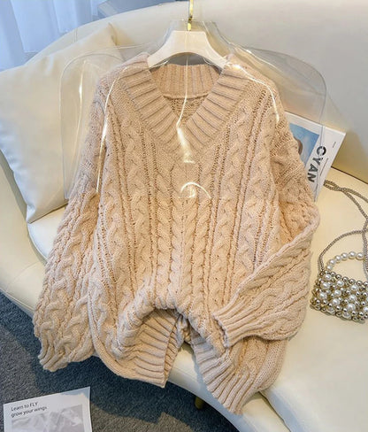 MEXZT Harajuku Pullover Frauen Mode Übergroßen Rosa V-ausschnitt Gestrickte Pullover Koreanische Langarm Strickwaren Winter Casual Jumper.