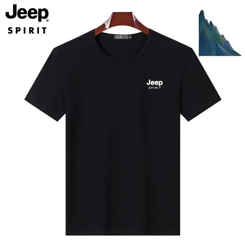 JEEP SPIRIT Mens T-shirt Summer 100%Cotton 230g Heavy Print Sports Breathable Round Neck Top Loose Solid Short Sleeve.