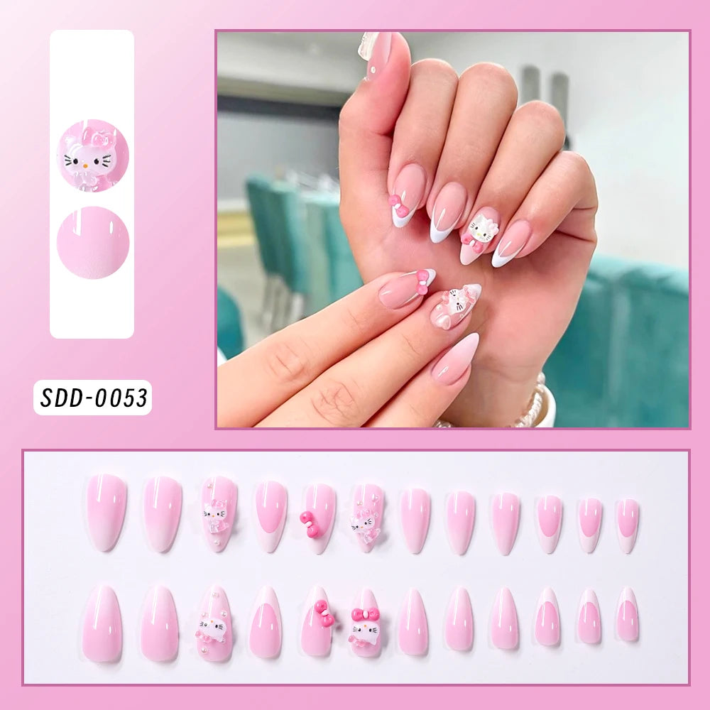 24Pcs Long Square Pink Hello Kitty False Nails French Wearable Full Cover Fake Nails Kitty Cat Bow Heart Design Press On Nails.