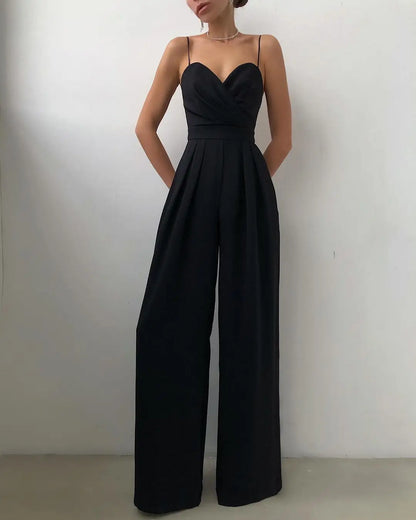 Summer Women's Sexy Sleeveless Spaghetti Jumpsuit Fashion Elegant Commuter High Waist Wide Leg Solid Color Casual Floor Pants
