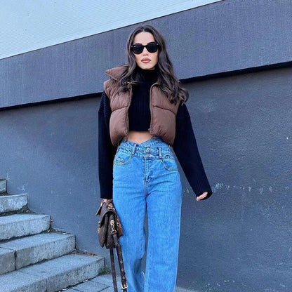 Herbst und Winter Damen kurze Baumwolle Daunenweste kurze Stehkragen warme ärmellose Steppweste Outdoor-Reisejacke Tops.