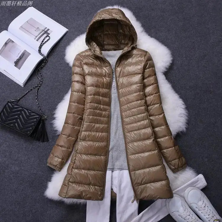 Damenmode, weiße Enten-Wodn-Pufferjacken mit Kapuze, 2025, Neuheiten, weiblich, X-lang, leicht, verstaubar, Daunenmäntel.