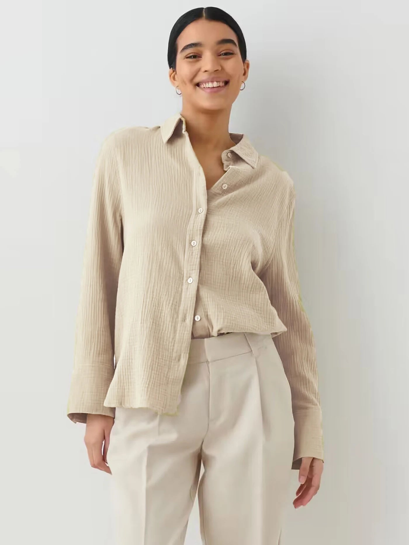 Bornladies 2025 Women's Spring Summer 100% Cotton Shirts Office Lady  Fashionable Solid Lady Long Sleeve Loose Tops Crepe Shirts