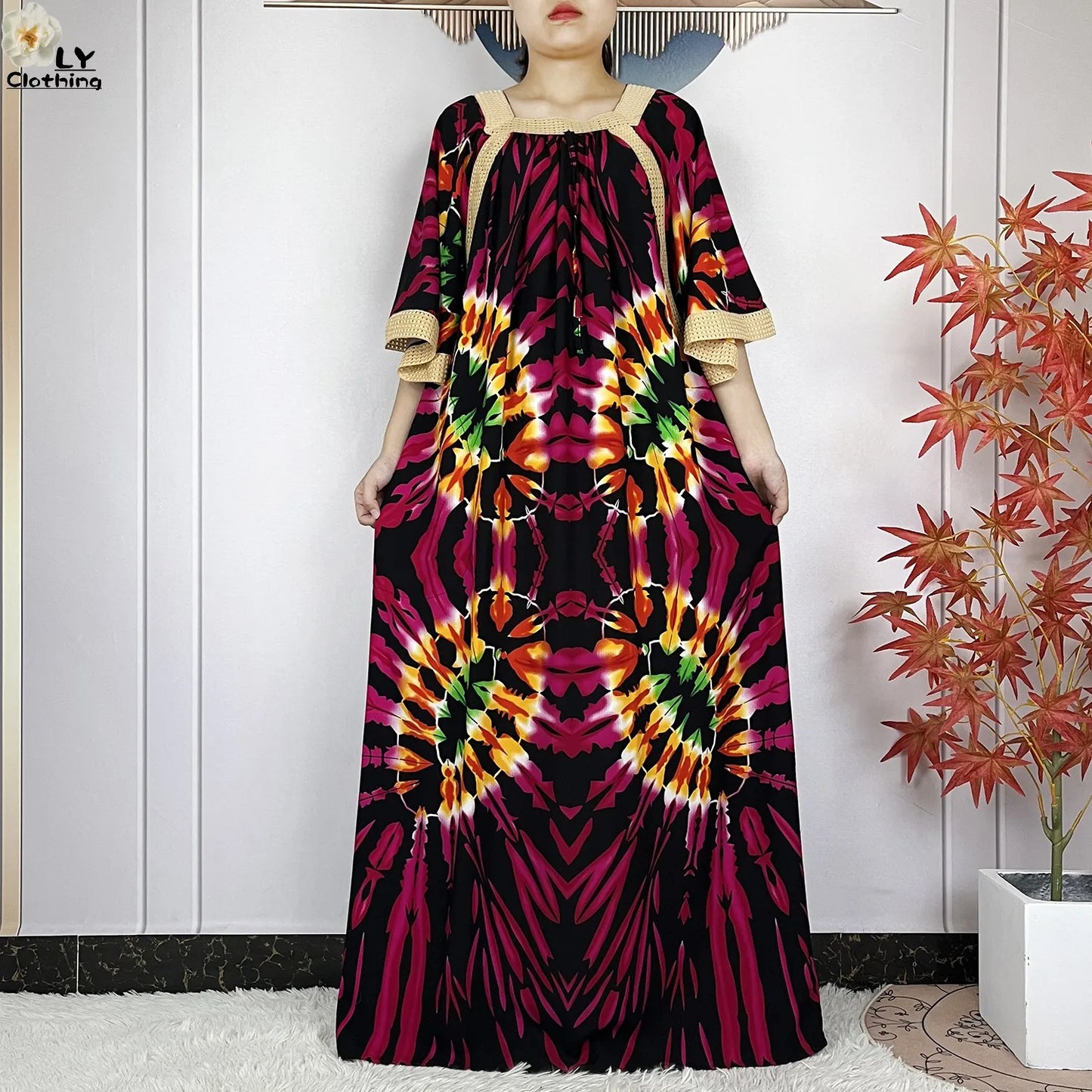 New Muslim Dress Woman Short Sleeve Dashiki African Abaya Tie-dyed Printing Cotton Loose Femme Robe Islamic Dresses With Scarf.