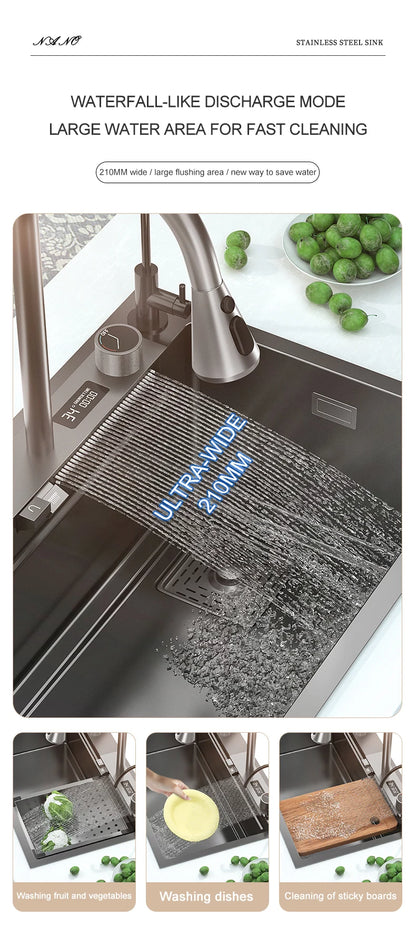 Waterfall Sink Kitchen Stainless Steel Topmount Sink Large Single Slot Wash Basin With Multifunction Touch Waterfall Faucet