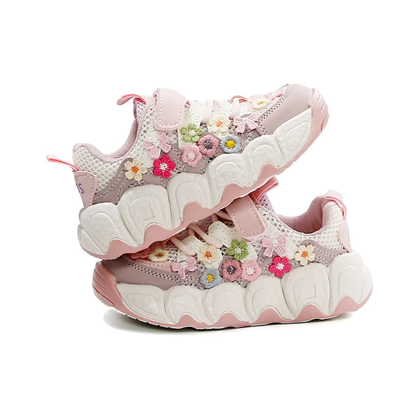 Girls Flowers Sports Shoes Children Princess Embroidered Running Shoes Air Mesh Girls Casual Sneakers Summer 2025 New.