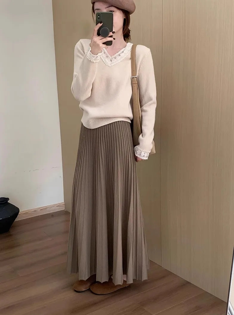 2026 Khaki Cashmere Knitted Midi Skirt for Women, Loose Fit, Draped, Slimming A-Line Pleated Skirt for Autumn and Winter.