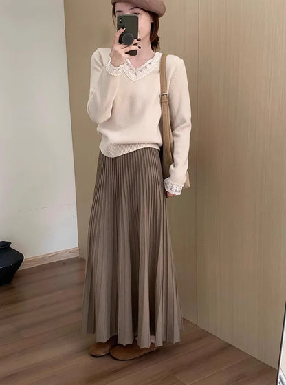 2026 Khaki Cashmere Knitted Midi Skirt for Women, Loose Fit, Draped, Slimming A-Line Pleated Skirt for Autumn and Winter.
