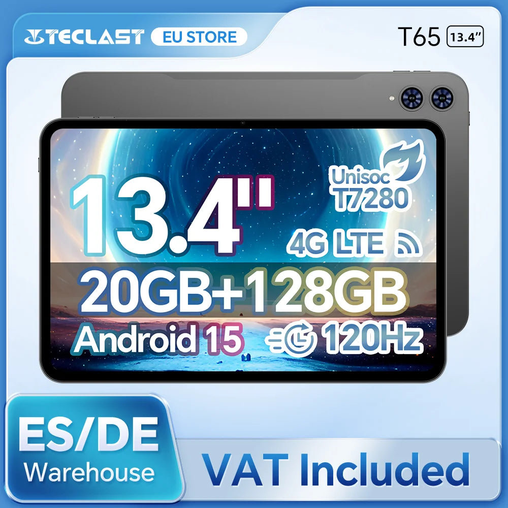 Teclast T65 13.4 inch Android 15 Tablet 1920x1200 120Hz T7280 8-Core Max 20GB RAM(8GB+12GB Expansion) 128GB ROM 4G LTE 8000mAh.