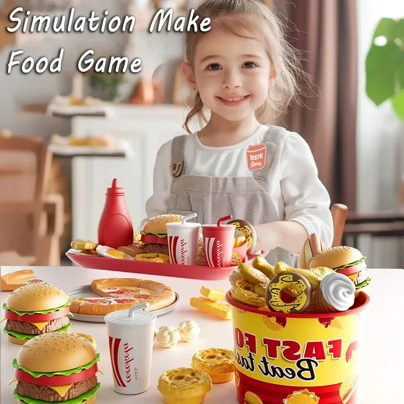 Kid Kitchen Toy Set Simulation Make Hamburger Pizza Fries Pretend Play Food Cooking Cutting Game Montessori Interactive Toy Gift.