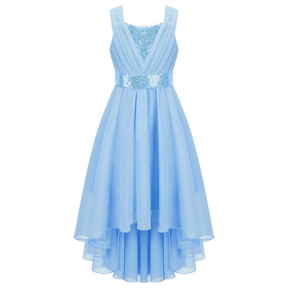 Kinder Blumenmädchenkleid Ärmellos Pailletten Hi-Low-Saum Abendkleid Elegantes Chiffon Prinzessin Geburtstag Formales Hochzeitskleid