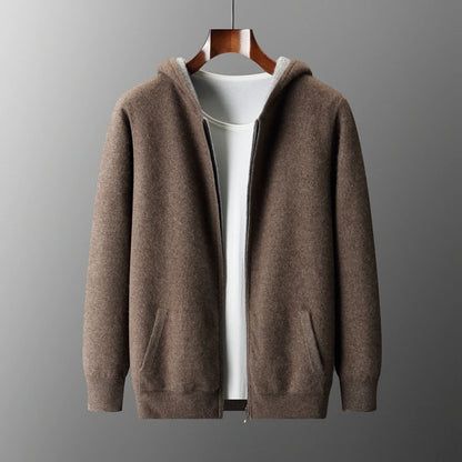 Autumn Winter Pure Cashmere Sweater Double-sided Cardigan Men's Casual Zipper Thickened Cashmere Knitted Hooded Sweater Coat.