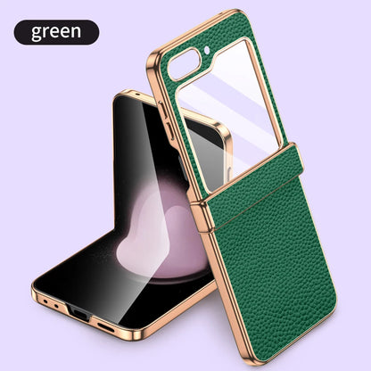Cowhide Leather Phone Case for Samsung Galaxy Z Flip7 Flip6 Flip5 Flip 7 6 5 Luxury Hinge Protection Cover with Tempered Glass