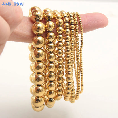 MHS.SUN Trend Stretch Stainless Steel Bracelets Gold Sliver Color 2MM 5MM 8MM Stacked Ball Beaded Bracelet For Women Men Jewelry.