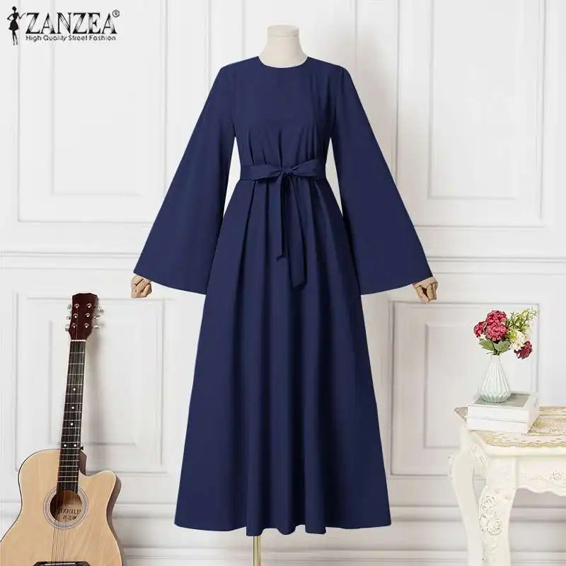 Frauen Lerisure Muslimischen Lange Kleid Übergroßen Vestidos ZANZEA 2023 Sommer Frühling Flare Ärmeln Soild Weibliche Türkische Robe Abaya