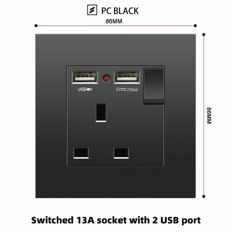 Schwarze UK 13A Wandsteckdose mit USB Typ C 18W Schnelllade-Steckdose, Wandsteckdose mit USB-Ladegerät, Schalter mit Steckdose