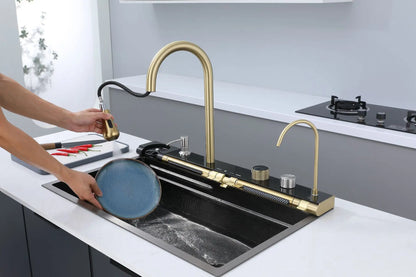 Golden Household Stainless Steel Waterfall Kitchen Sink MultiFunction Wash Vegetable and Dish Countertop Basin Large Single Slot