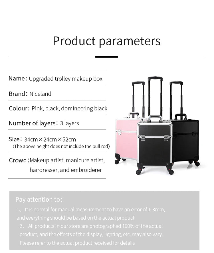 TravelRolling Makeup Train Case Large Capacity Cosmetic Trolley, Aluminum Professional Travel Case with Key